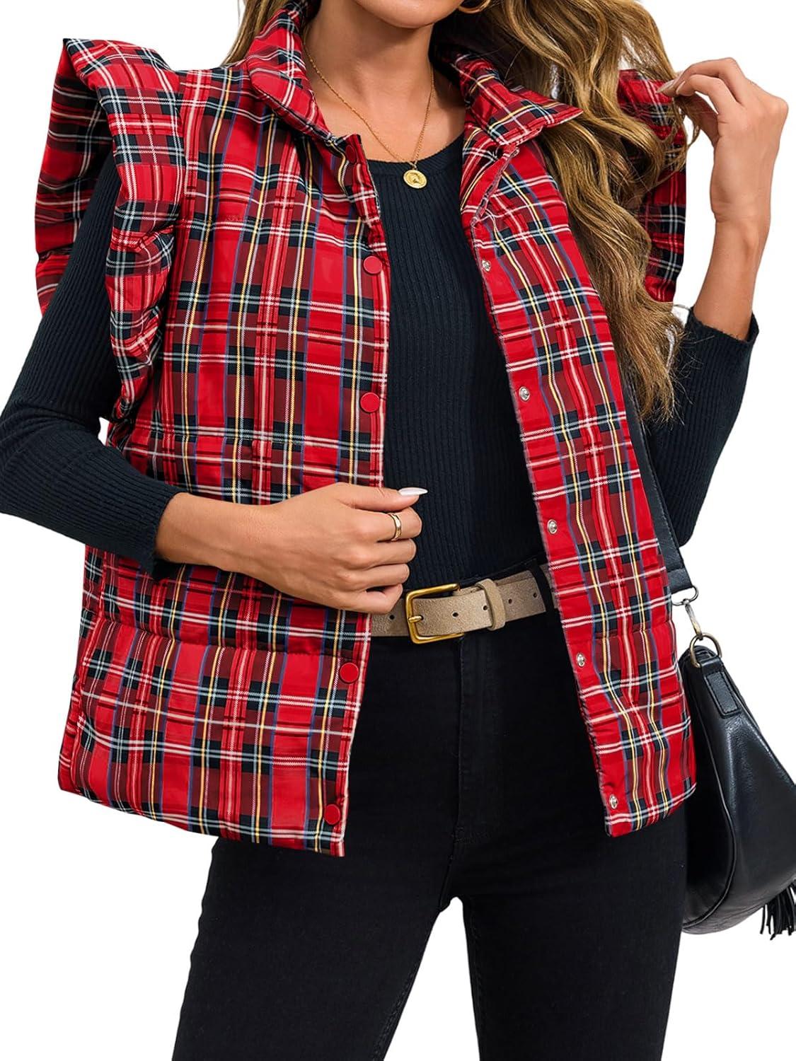 imageTankaneo Womens Plaid Puffer Vests Ruffle Sleeveless Lightweight Quilted Vest Fall Winter Padded Gilets CoatsRed