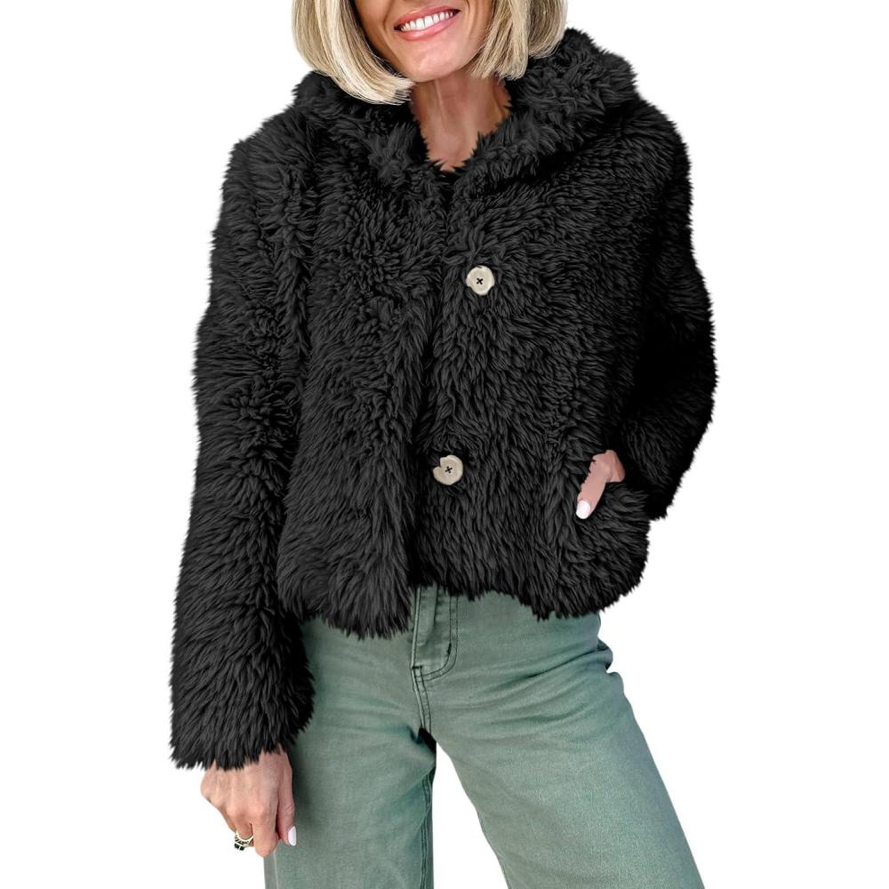 imageTankaneo Womens Cropped Faux Fur Coat Lapel Collar Button Down Fluffy Jackets Winter OuterwearBlack