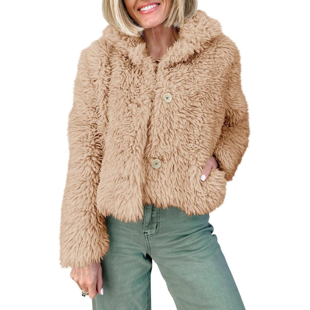 imageTankaneo Womens Cropped Faux Fur Coat Lapel Collar Button Down Fluffy Jackets Winter OuterwearKhaki