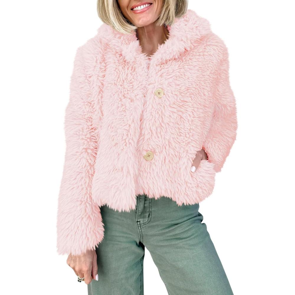 imageTankaneo Womens Cropped Faux Fur Coat Lapel Collar Button Down Fluffy Jackets Winter OuterwearPink