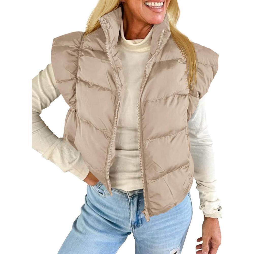 imageTankaneo Womens Cropped Puffer Vest Cap Sleeve Zip Up Puffy Qulited Jacket Stand Collar Padded Gilet Coat Winter OuterwearApricot