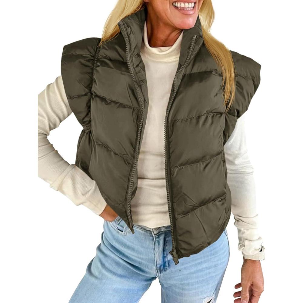 imageTankaneo Womens Cropped Puffer Vest Cap Sleeve Zip Up Puffy Qulited Jacket Stand Collar Padded Gilet Coat Winter OuterwearArmy Green