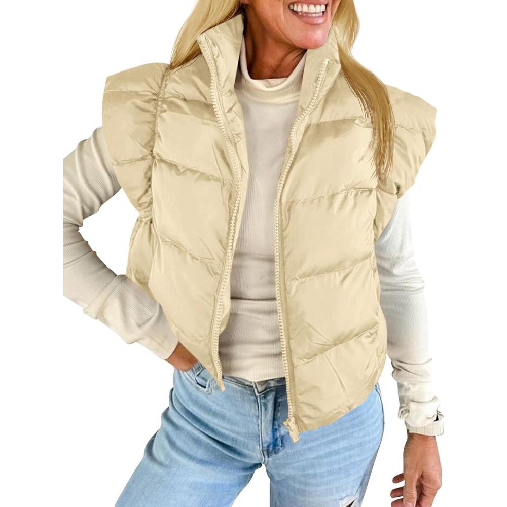 imageTankaneo Womens Cropped Puffer Vest Cap Sleeve Zip Up Puffy Qulited Jacket Stand Collar Padded Gilet Coat Winter OuterwearBeige