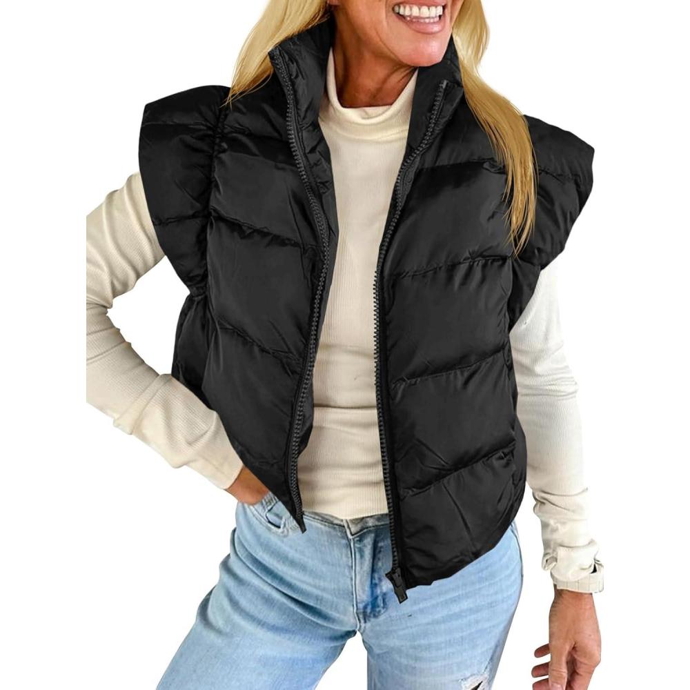 imageTankaneo Womens Cropped Puffer Vest Cap Sleeve Zip Up Puffy Qulited Jacket Stand Collar Padded Gilet Coat Winter OuterwearBlack