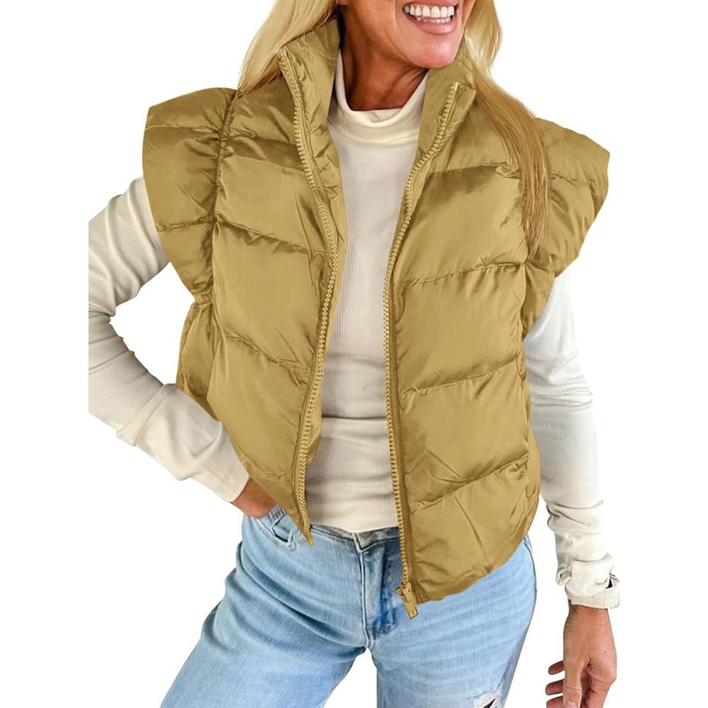 imageTankaneo Womens Cropped Puffer Vest Cap Sleeve Zip Up Puffy Qulited Jacket Stand Collar Padded Gilet Coat Winter OuterwearBrown