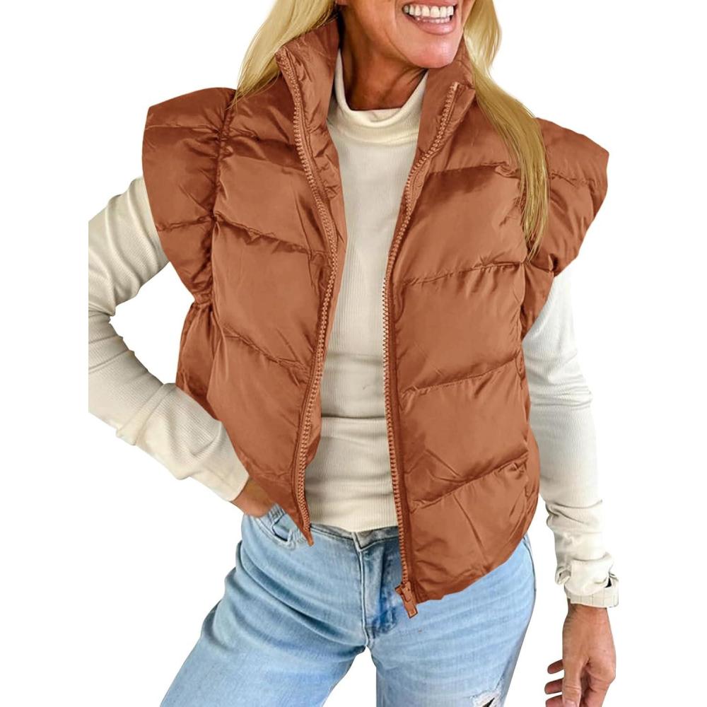 imageTankaneo Womens Cropped Puffer Vest Cap Sleeve Zip Up Puffy Qulited Jacket Stand Collar Padded Gilet Coat Winter OuterwearCoffee