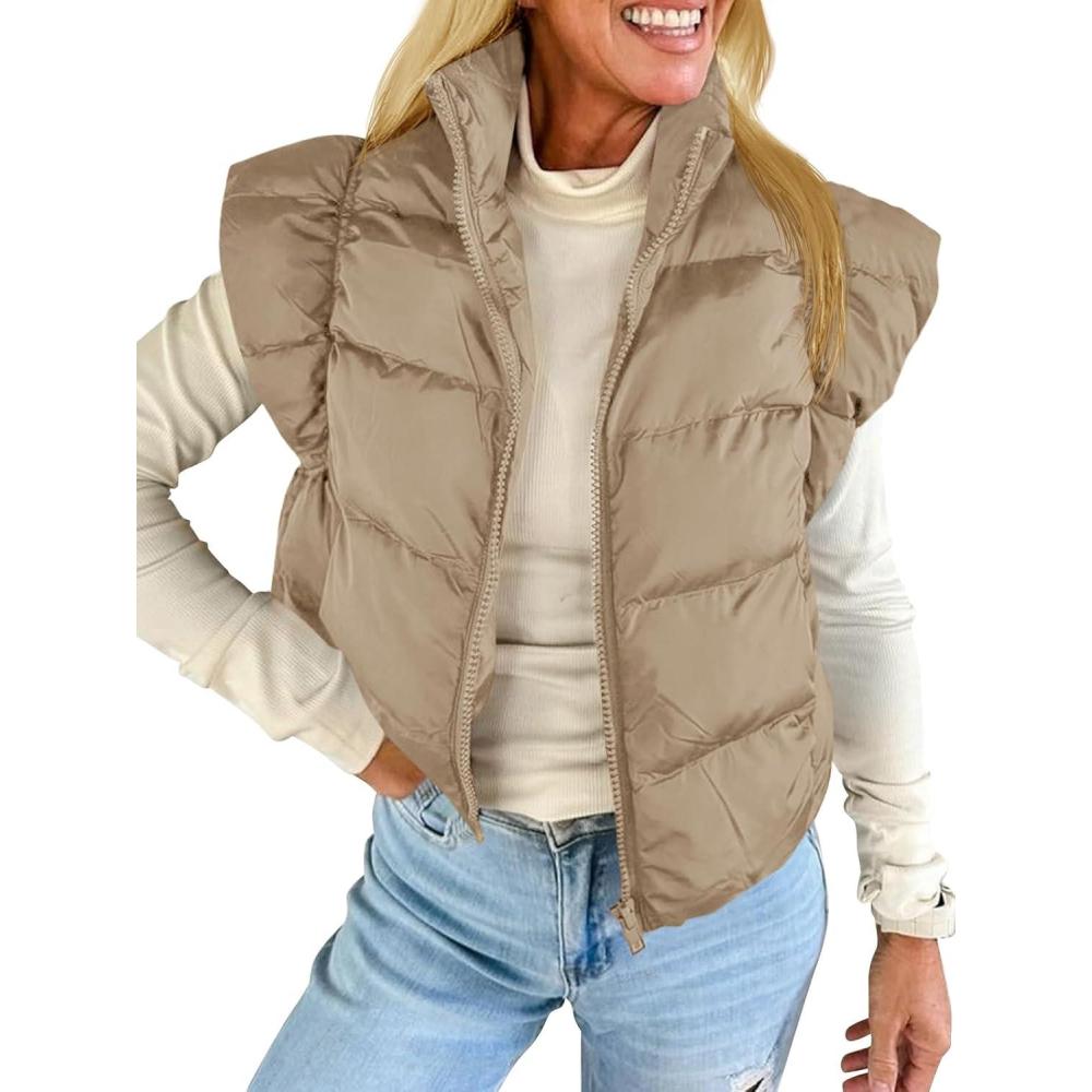 imageTankaneo Womens Cropped Puffer Vest Cap Sleeve Zip Up Puffy Qulited Jacket Stand Collar Padded Gilet Coat Winter OuterwearKhaki