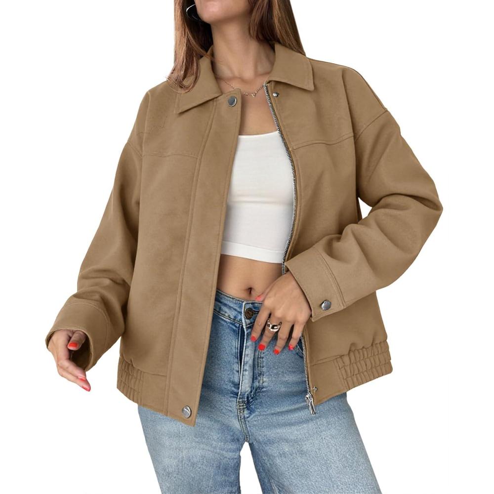 imageTankaneo Womens Faux Suede Motorcycle Jackets Oversized Zip Up Bomber Coats Fall Fashion Winter OuterwearKhaki