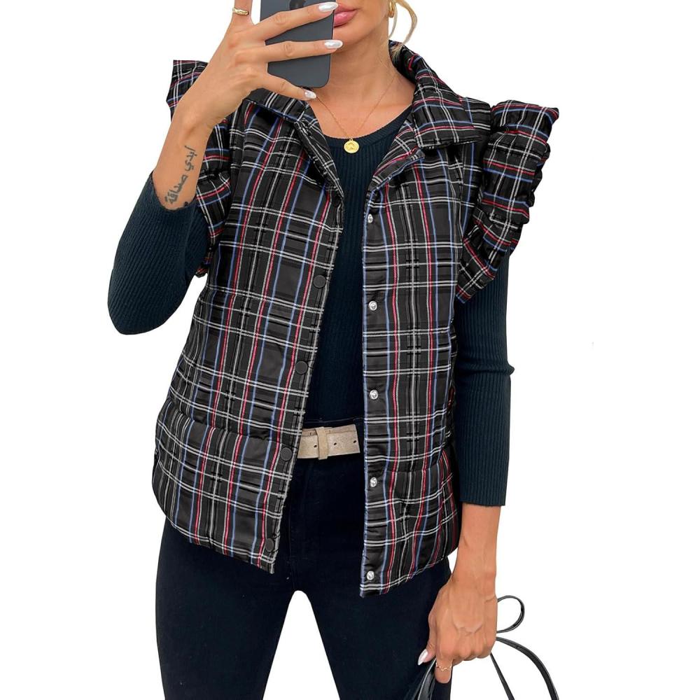 imageTankaneo Womens Plaid Puffer Vests Ruffle Sleeveless Lightweight Quilted Vest Fall Winter Padded Gilets CoatsBlack