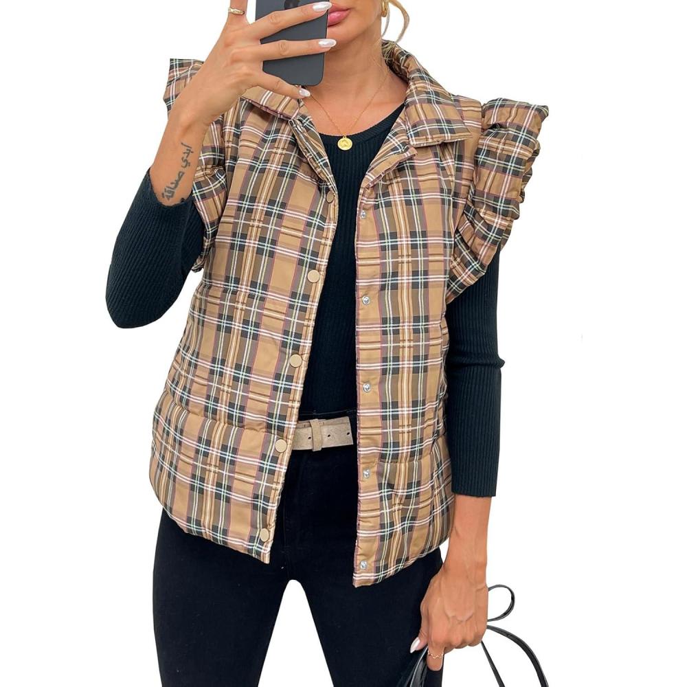 imageTankaneo Womens Plaid Puffer Vests Ruffle Sleeveless Lightweight Quilted Vest Fall Winter Padded Gilets CoatsKhaki