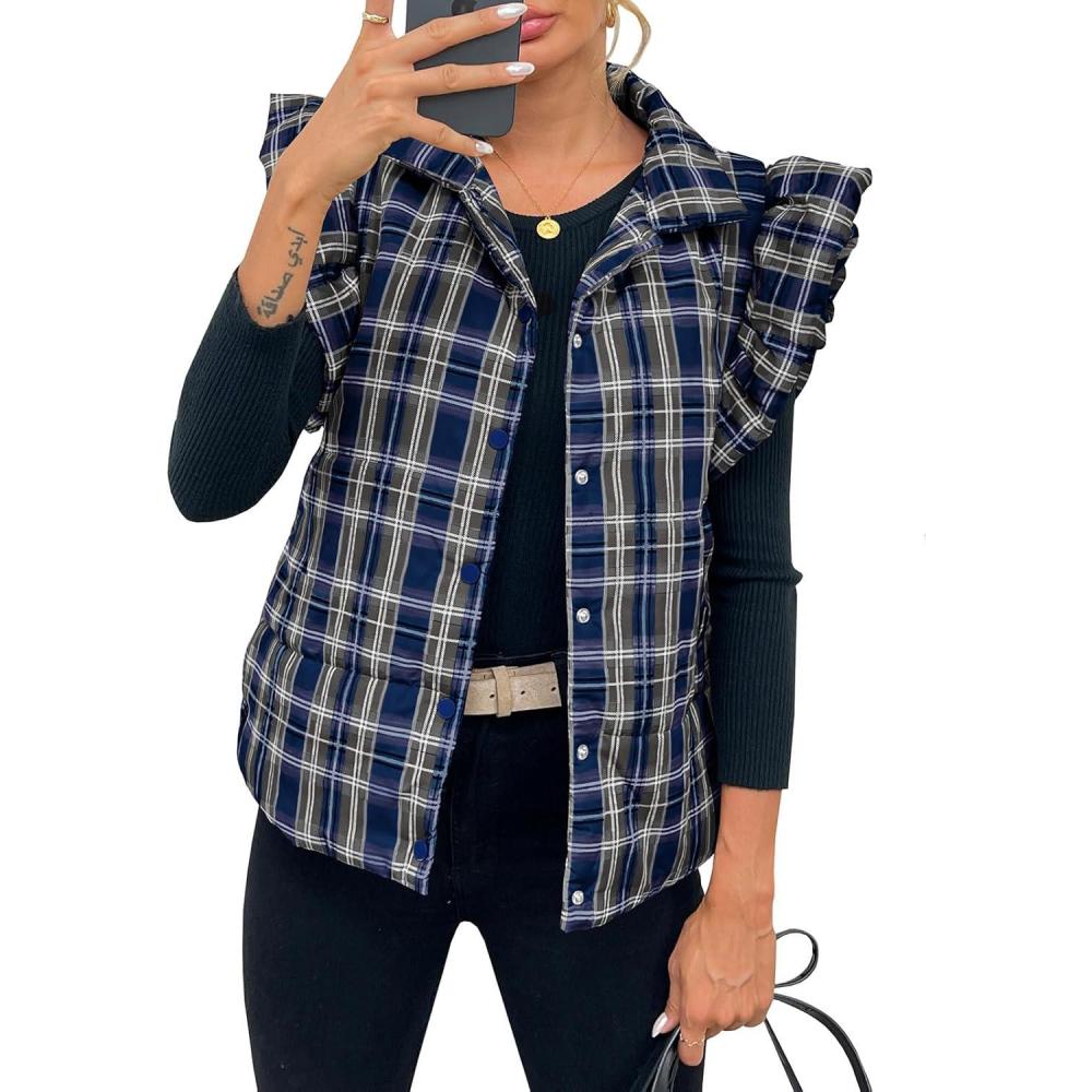imageTankaneo Womens Plaid Puffer Vests Ruffle Sleeveless Lightweight Quilted Vest Fall Winter Padded Gilets CoatsNavy