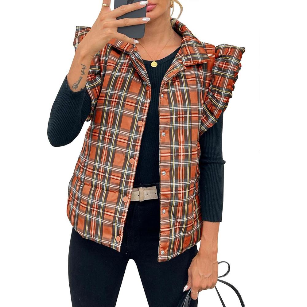 imageTankaneo Womens Plaid Puffer Vests Ruffle Sleeveless Lightweight Quilted Vest Fall Winter Padded Gilets CoatsOrange