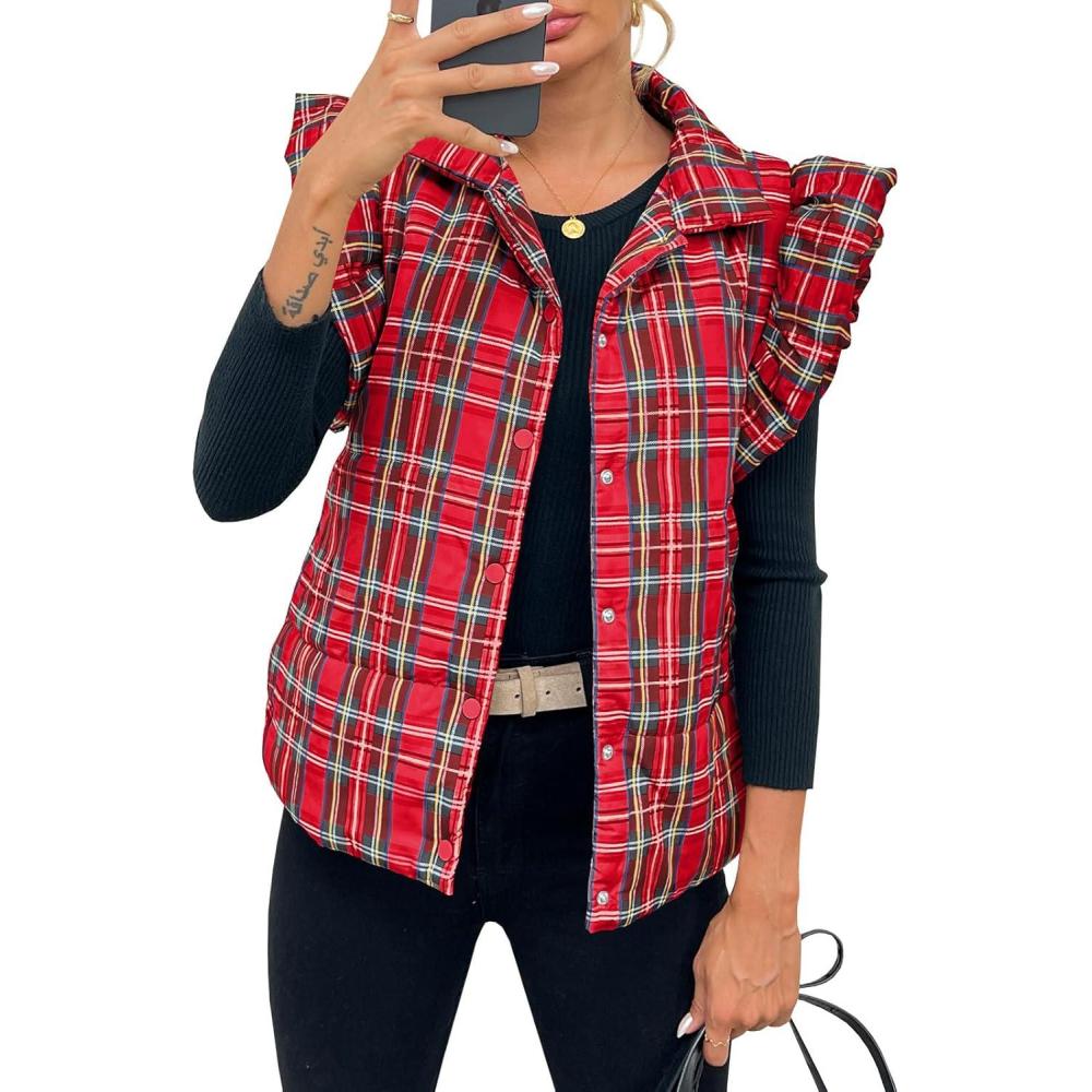 imageTankaneo Womens Plaid Puffer Vests Ruffle Sleeveless Lightweight Quilted Vest Fall Winter Padded Gilets CoatsRed