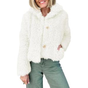 Tankaneo Womens Cropped Faux Fur Coat Lapel Collar Button Down Fluffy Jackets Winter Outerwear(Beige)