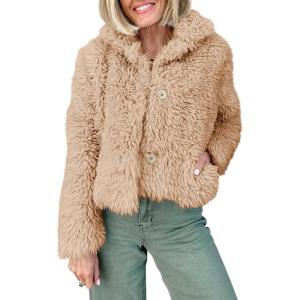 Tankaneo Womens Cropped Faux Fur Coat Lapel Collar Button Down Fluffy Jackets Winter Outerwear(Khaki)