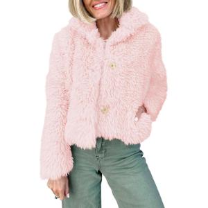 Tankaneo Womens Cropped Faux Fur Coat Lapel Collar Button Down Fluffy Jackets Winter Outerwear(Pink)