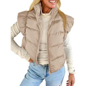 Tankaneo Womens Cropped Puffer Vest Cap Sleeve Zip Up Puffy Qulited Jacket Stand Collar Padded Gilet Coat Winter Outerwear(Apricot)