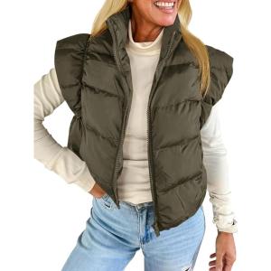 Tankaneo Womens Cropped Puffer Vest Cap Sleeve Zip Up Puffy Qulited Jacket Stand Collar Padded Gilet Coat Winter Outerwear(Army Green)