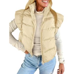 Tankaneo Womens Cropped Puffer Vest Cap Sleeve Zip Up Puffy Qulited Jacket Stand Collar Padded Gilet Coat Winter Outerwear(Beige)