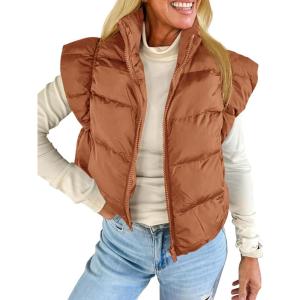 Tankaneo Womens Cropped Puffer Vest Cap Sleeve Zip Up Puffy Qulited Jacket Stand Collar Padded Gilet Coat Winter Outerwear(Coffee)