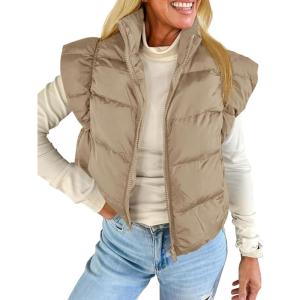 Tankaneo Womens Cropped Puffer Vest Cap Sleeve Zip Up Puffy Qulited Jacket Stand Collar Padded Gilet Coat Winter Outerwear(Khaki)