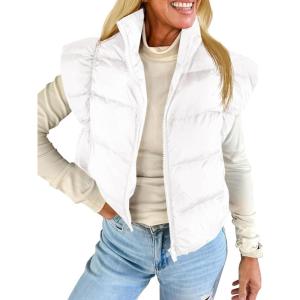 Tankaneo Womens Cropped Puffer Vest Cap Sleeve Zip Up Puffy Qulited Jacket Stand Collar Padded Gilet Coat Winter Outerwear(White)