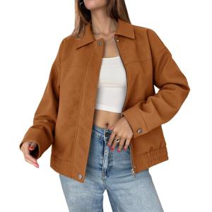 Tankaneo Women’s Faux Suede Motorcycle Jackets Oversized Zip Up Bomber Coats Fall Fashion Winter Outerwear(Brown)