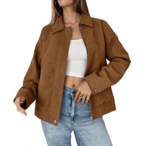 Tankaneo Women’s Faux Suede Motorcycle Jackets Oversized Zip Up Bomber Coats Fall Fashion Winter Outerwear(Coffee)